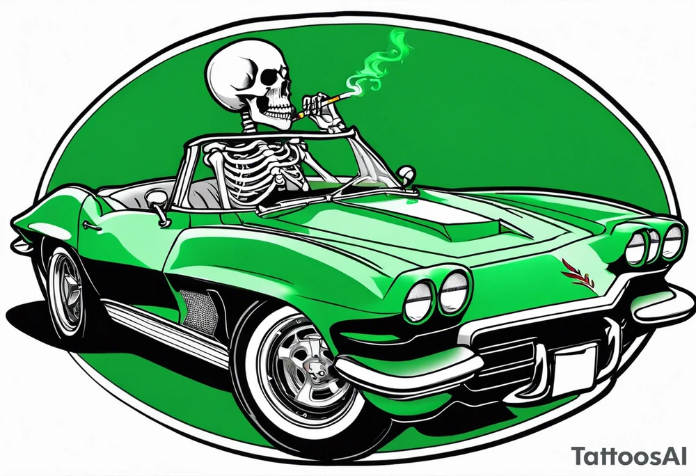 Skeleton smoking a cigarette driving a green 1976 convertible Corvette tattoo idea