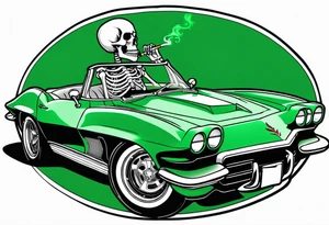 Skeleton smoking a cigarette driving a green 1976 convertible Corvette tattoo idea