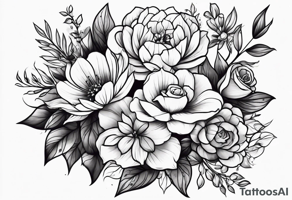 Standard flower bouquet on upper arm tattoo idea