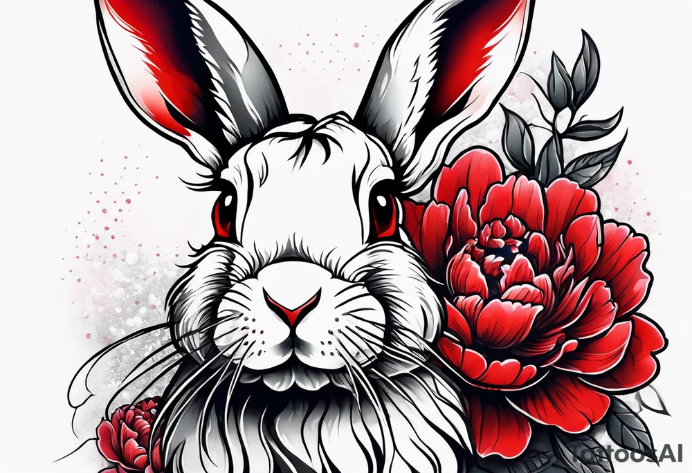 Rabbit on Red peony with dangling pearl necklace tattoo idea