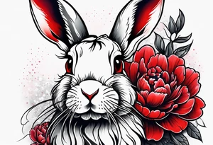 Rabbit on Red peony with dangling pearl necklace tattoo idea