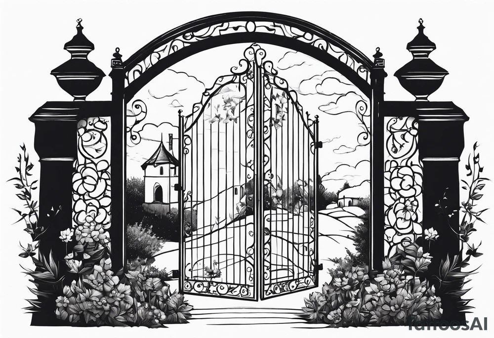 night medieval town garden gate entrance
in circle vignette surrounded by clouds floral tattoo idea