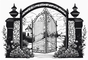 night medieval town garden gate entrance 
 in circle vignette surrounded by clouds floral tattoo idea