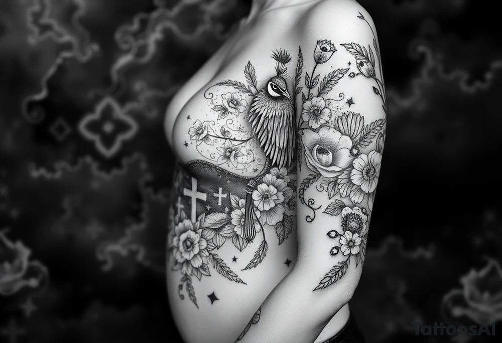 Storm, darkness, , fat naked woman, peacock, dead flowers, razor blades, noose, couple having sex , cupcake ,cigerettes storm clouds coins, mirror, lamb, lion tattoo idea