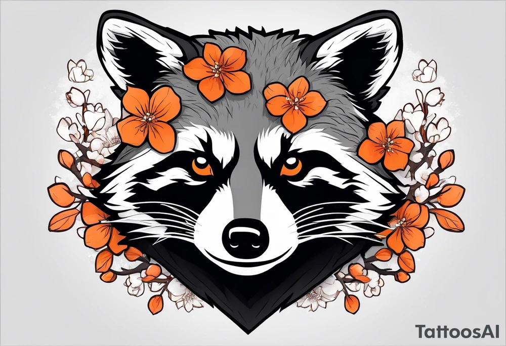 Raccoon wearing a white Superman logo on a black hoodie and orange Japanese cherry blossoms tattoo idea