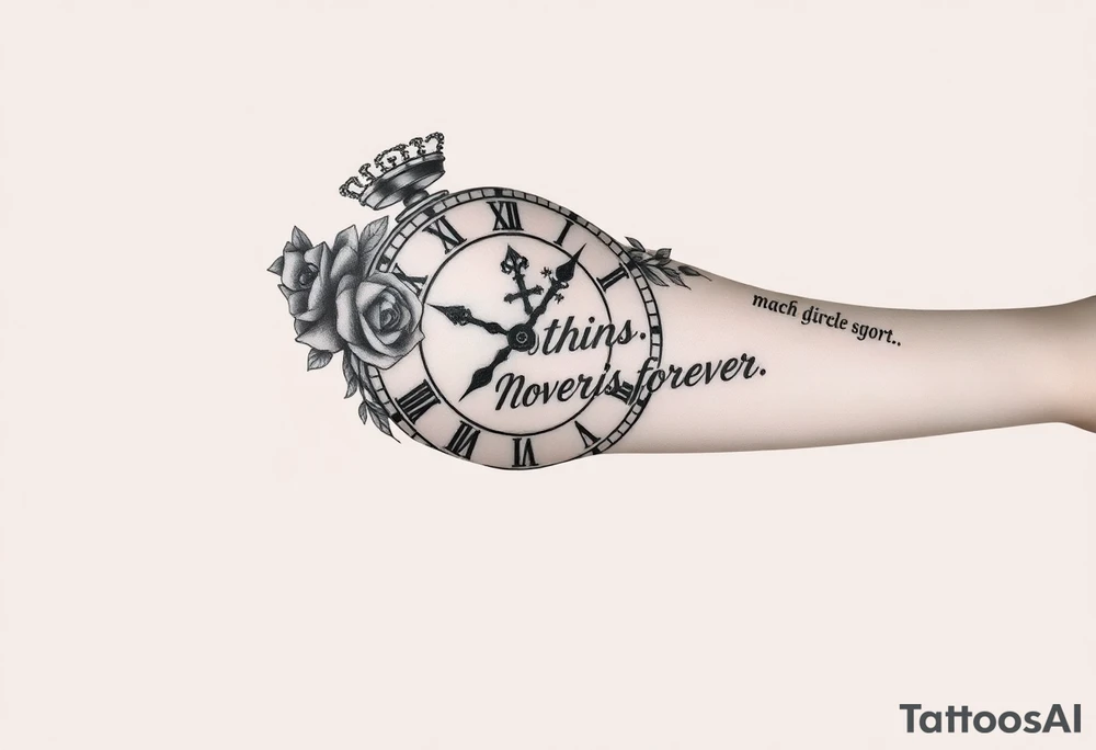 Roman clock with roses and a crown, a quote that says nothings forever. and on the bottom a deck of cards tattoo idea