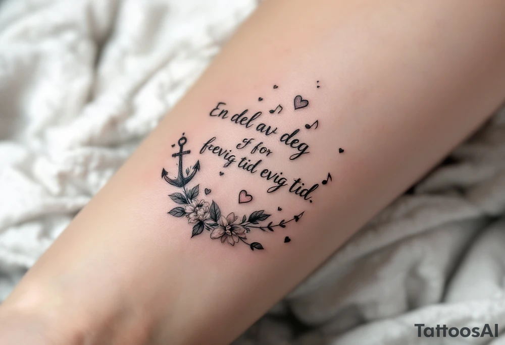 Quote: "En del av deg for evig tid. 
Pappa 20.12.24"
Surround the quote with delicate gladious, notes, hearts and an anchor tattoo idea