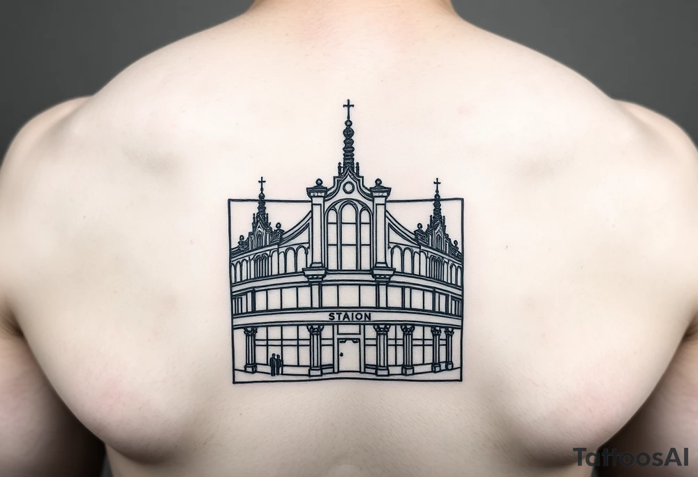 A Simple line drawing of flinders street station outlined in a rectangle box on the bottom of the tricept above the elbow I want it to be orientated portrait tattoo idea