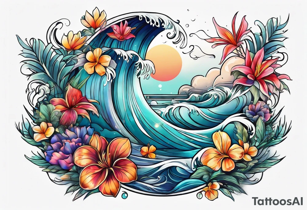 sea,, night, flower, palm, tattoo idea