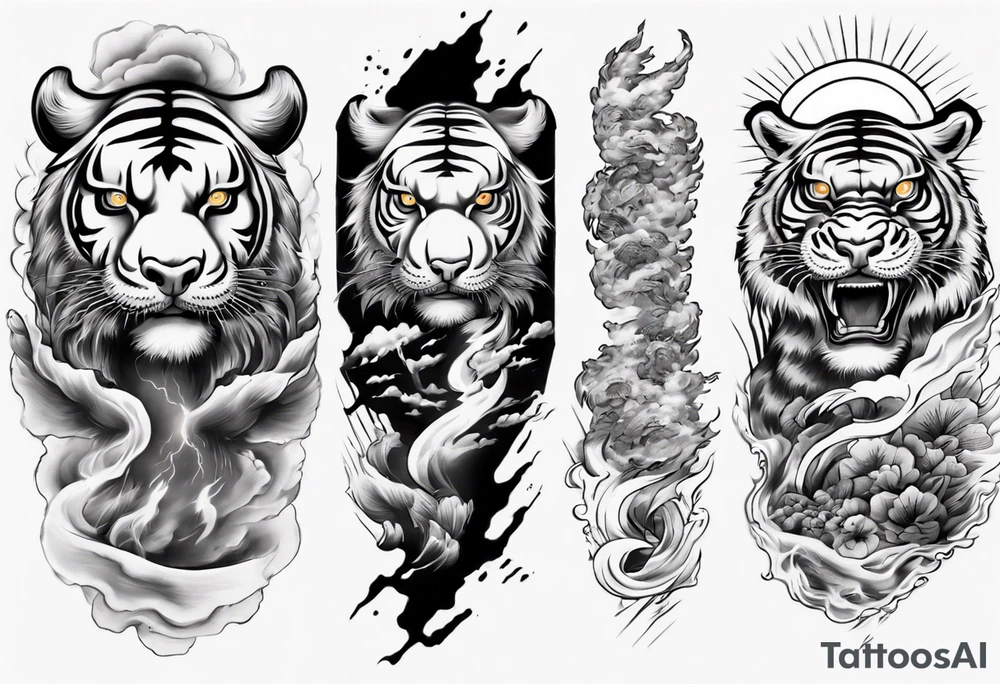 Tiger sleeve tattoo with lightning and the sun tattoo idea