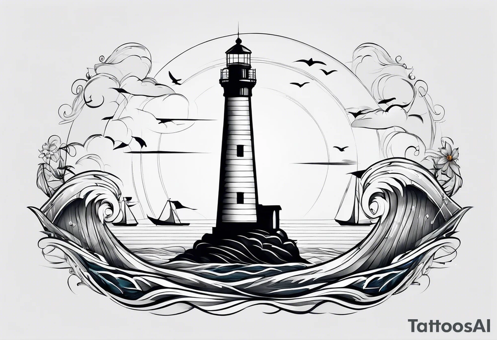 phare maritime sur un petit bateau a voiles. tattoo idea