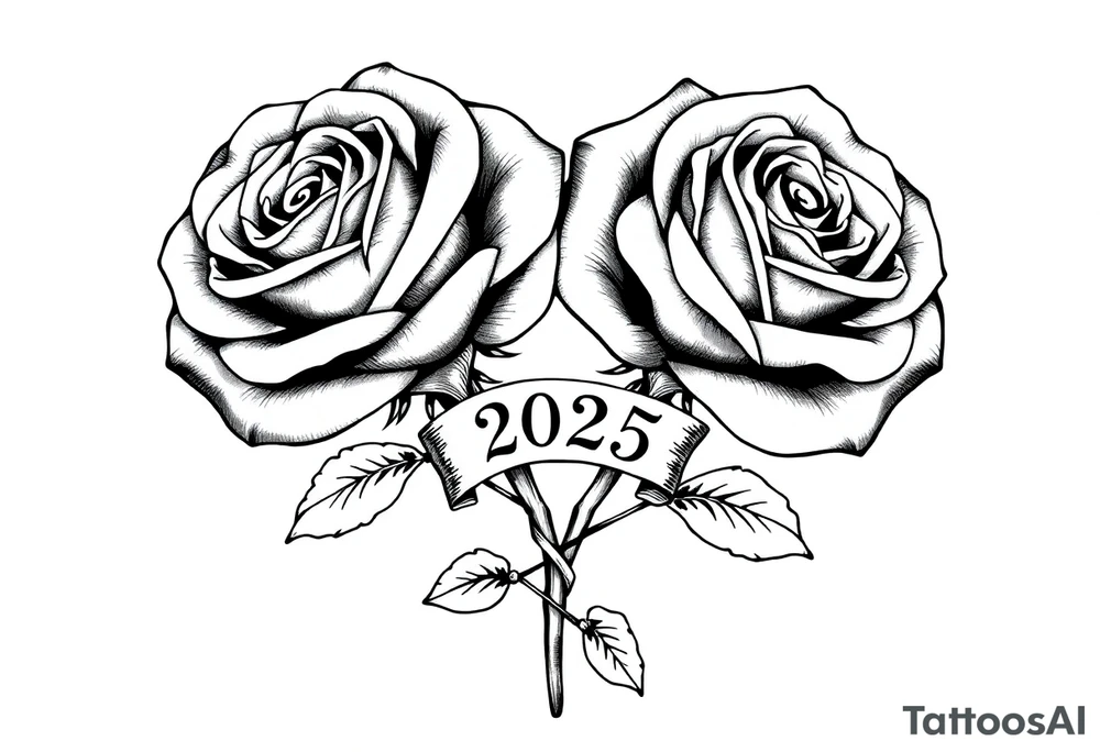 two big beautiful roses with their stems intertwined, with a small banner with "2025" on it, tying them together tattoo idea