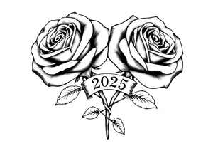 two big beautiful roses with their stems intertwined, with a small banner with "2025" on it, tying them together tattoo idea
