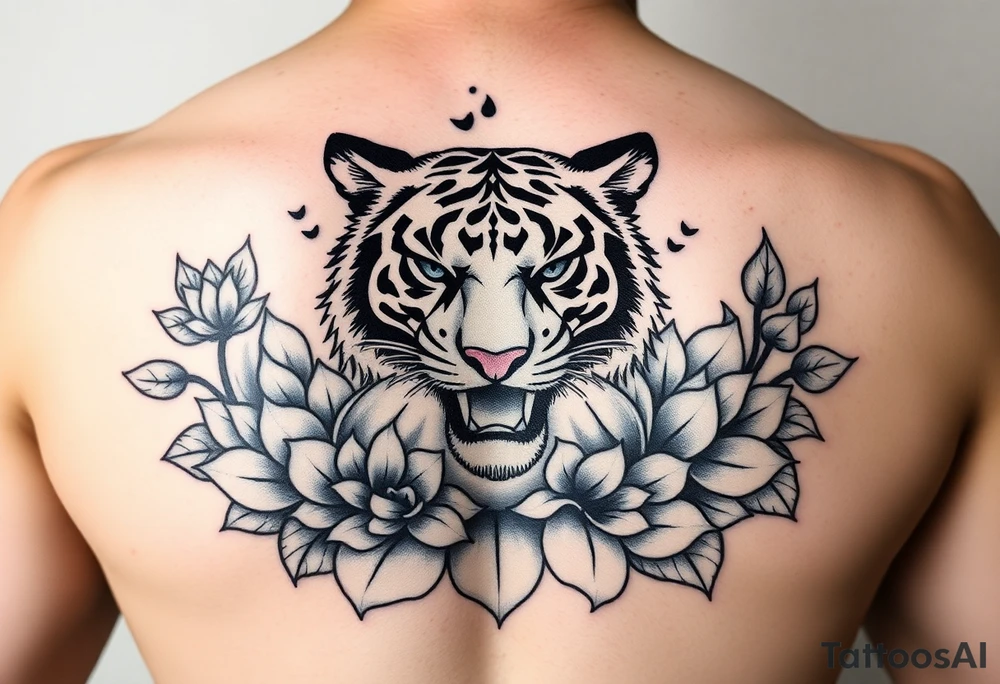 fierce tiger emerging through blooming lotus flowers in mist tattoo idea