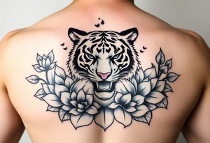 fierce tiger emerging through blooming lotus flowers in mist tattoo idea