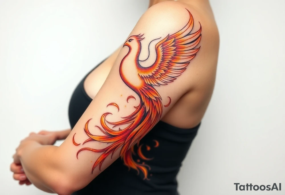 magnificent phoenix rising from golden flames with trailing embers tattoo idea