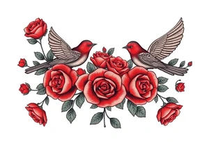 Vintage lace, red roses, red birds, vintage, wrap around, tighter together, no space open tattoo idea