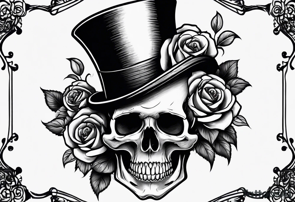 Gothic skull in top hat wrapped in roses tattoo idea
