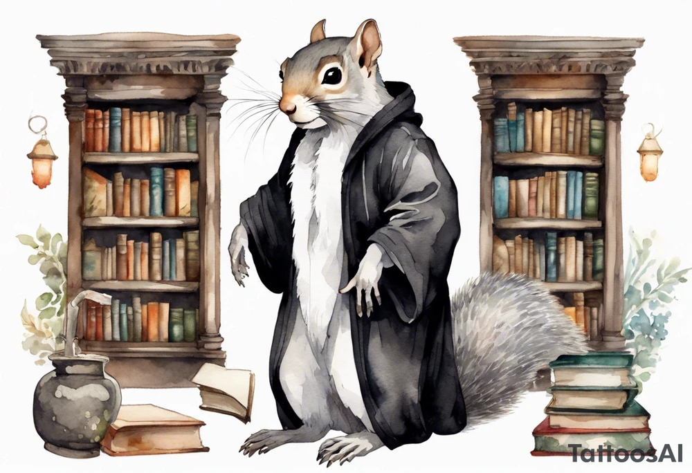 an elderly grey squirrel with a white beard and mustache wearing a black robe standing in an ancient library tattoo idea