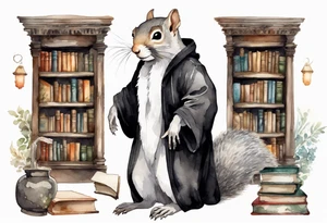 an elderly grey squirrel with a white beard and mustache wearing a black robe standing in an ancient library tattoo idea
