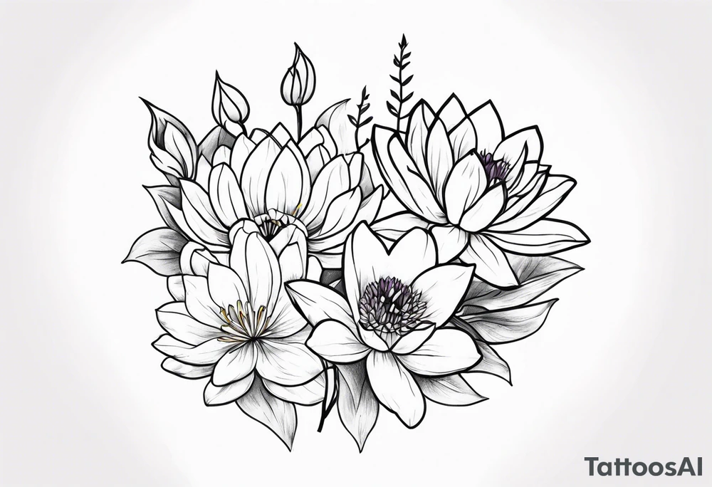 Larkspur and water lily bouquet tattoo idea
