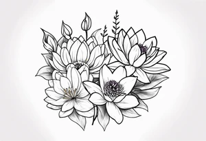 Larkspur and water lily bouquet tattoo idea