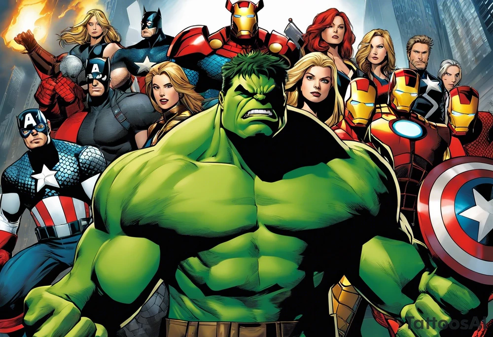 I want to change Avengers Team characters with animals. Hulk will be represented by a Badger.
Thor will be depicted as an Alpha Grey Wolf.
Captain America will be symbolized by a Bull.
Iron Man's character will be embodied by a Canary.
Black Widow's role will be portrayed by an Axolotl.
Hawkeye will be depicted as a Sudan Plated Lizard.
Nick Fury will be represented by a Cat. tattoo idea