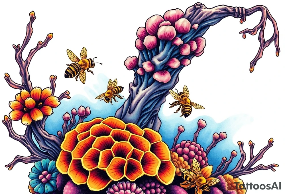 Coral reef scene with honey bees swimming on honey comb tattoo idea