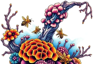 Coral reef scene with honey bees swimming on honey comb tattoo idea