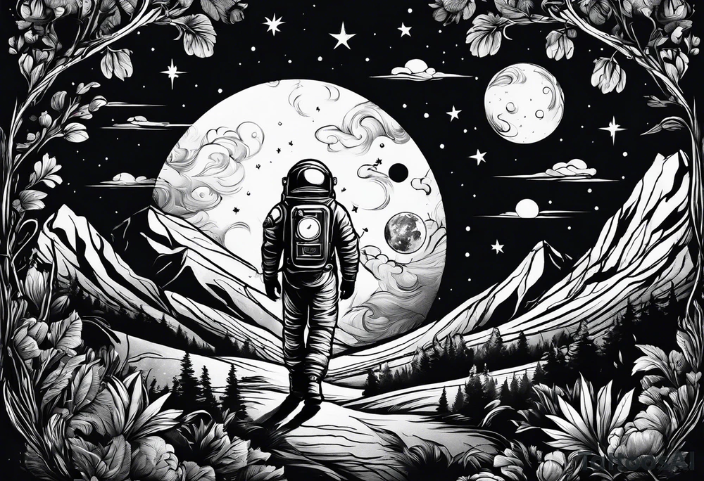 An astronaut using a candle lantern to walk through beautiful landscape in the dark tattoo idea