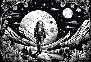 An astronaut using a candle lantern to walk through beautiful landscape in the dark tattoo idea