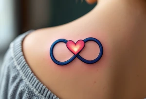 A navy blue infinity figure embracing a glowing coral pink heart at the top. tattoo idea
