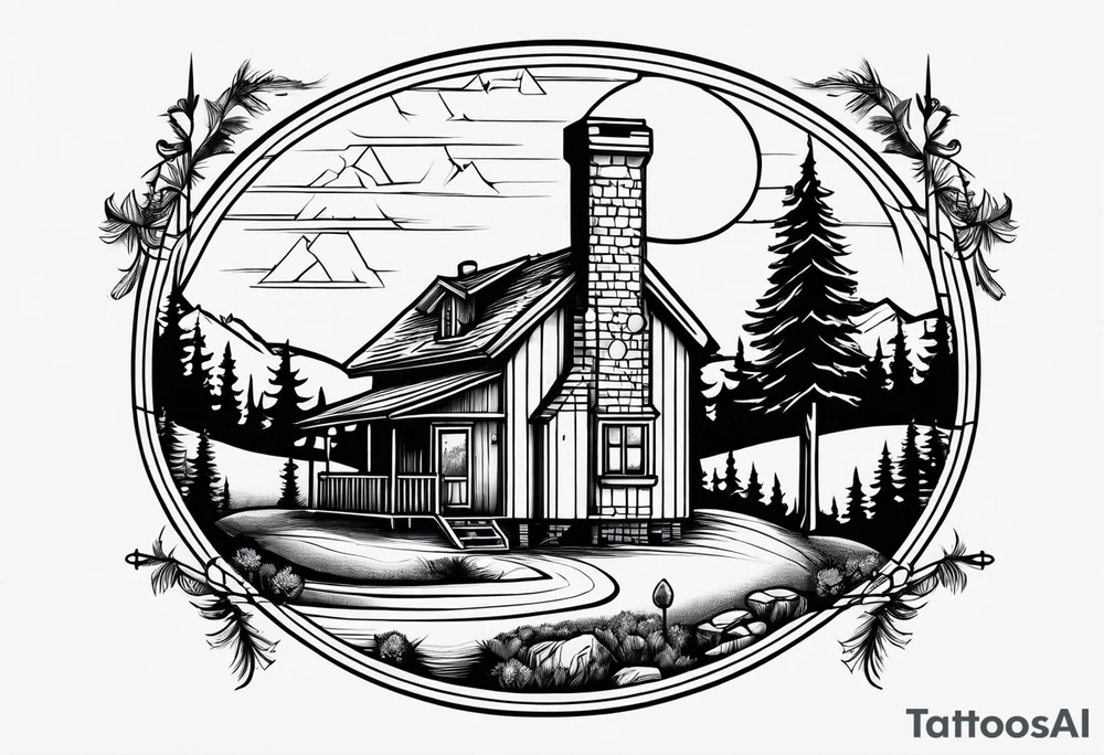 cross with whiskey glass, golf club, camp fire and cabin in the quandrants tattoo idea