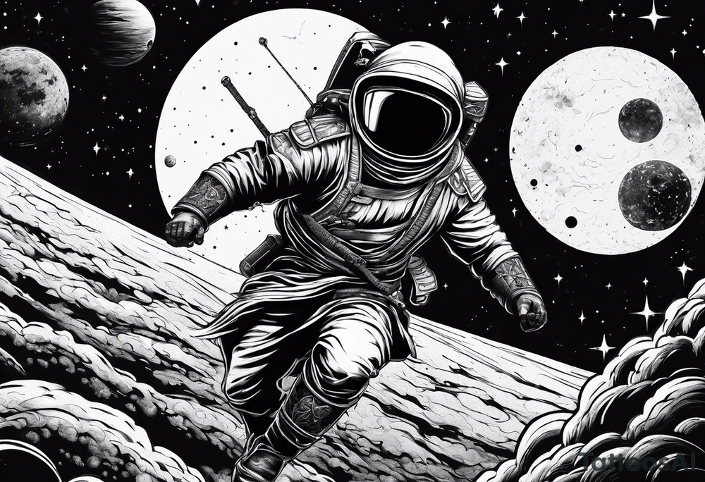 samura versus ninja, in space, with rocket tattoo idea
