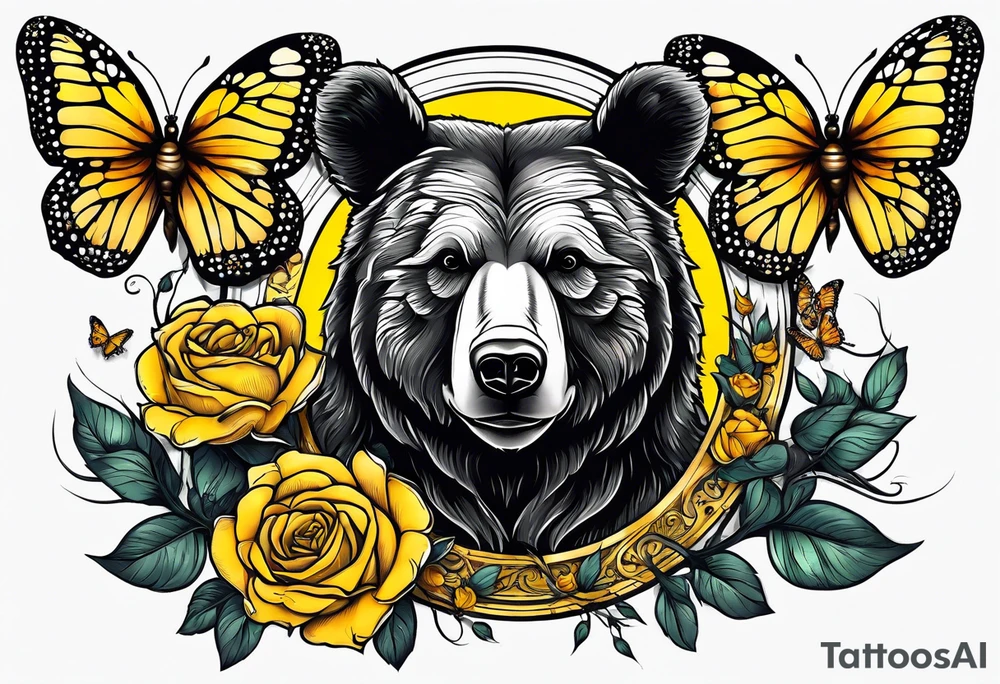 Bear under the tree of life with yellow roses and three butterflies for an upper arm tattoo. tattoo idea