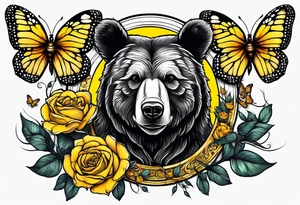Bear under the tree of life with yellow roses and three butterflies for an upper arm tattoo. tattoo idea