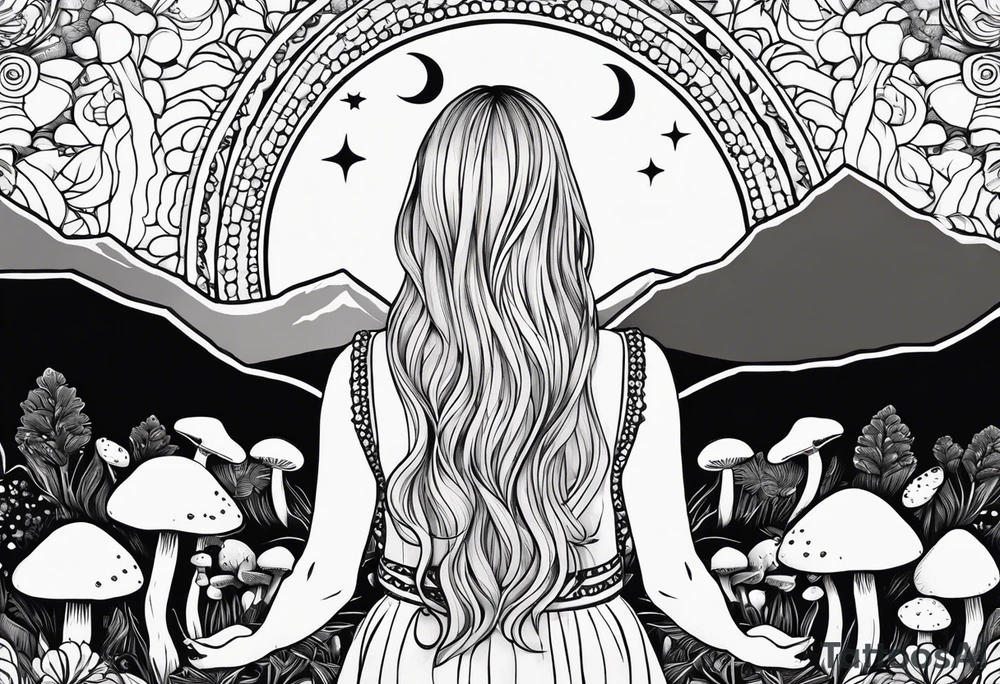 Straight blonde hair girl holding mushrooms in hand meditating facing away toward mountains surrounded by mushrooms crescent moon mandala circular design black and white striped dress tattoo idea