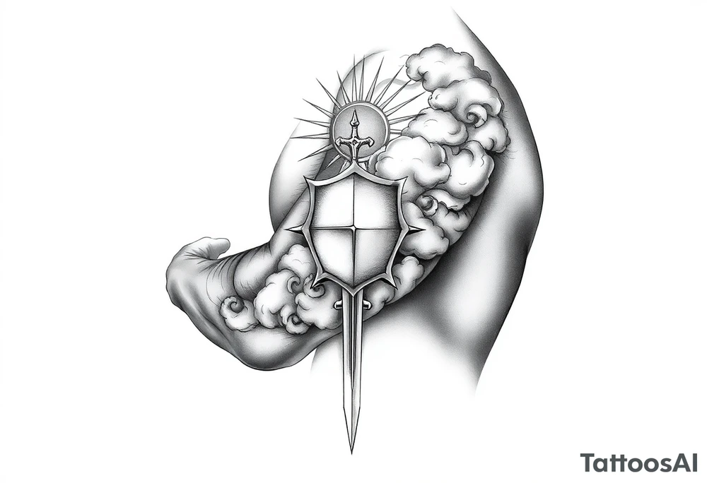 clouds, shield, sword, sun ray tattoo idea