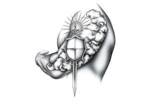 clouds, shield, sword, sun ray tattoo idea