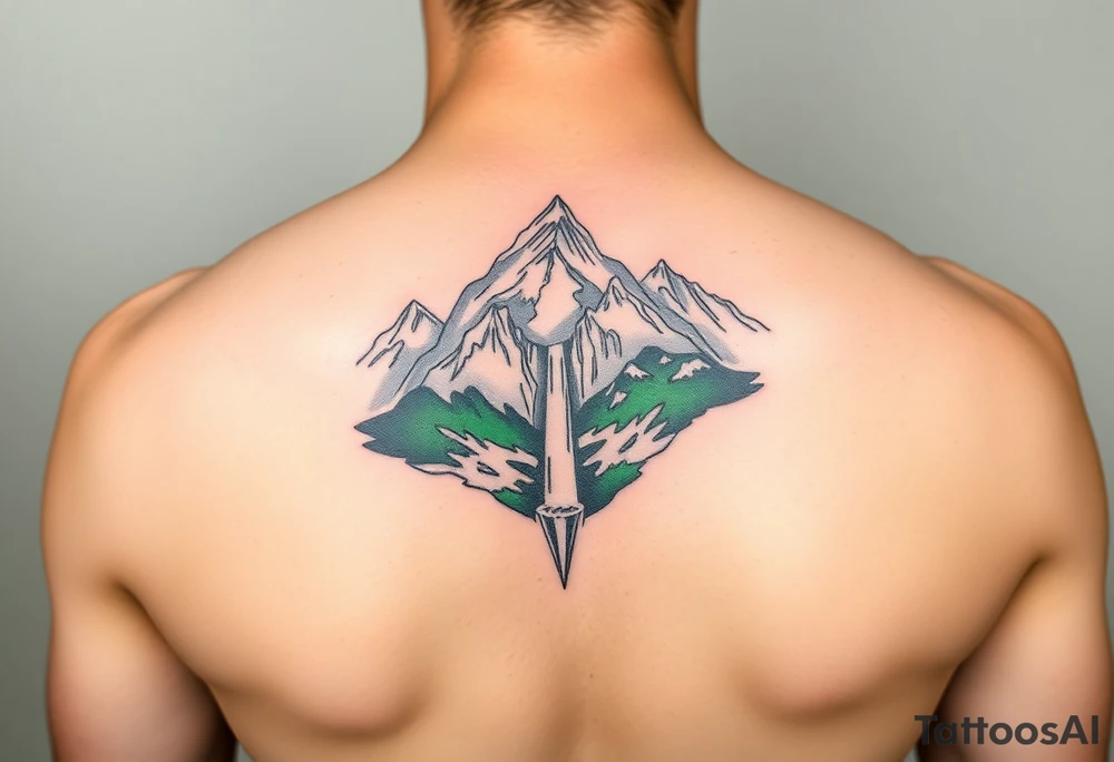 သား  surrounded by a colorful green mountainside with a waterfall tattoo idea