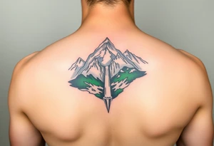 သား  surrounded by a colorful green mountainside with a waterfall tattoo idea