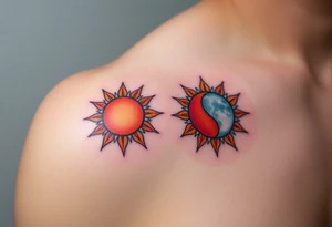 Matching sun and moon tattoos in warm orange and cool blue signify balance and harmony between father and kids. tattoo idea