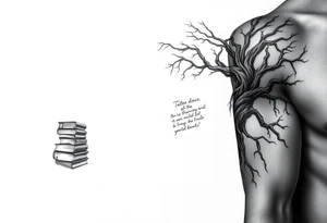 Dark 
tree of knowledge with books connected as roots stacked up and an open journal with beautiful cursive writing at tattoo idea