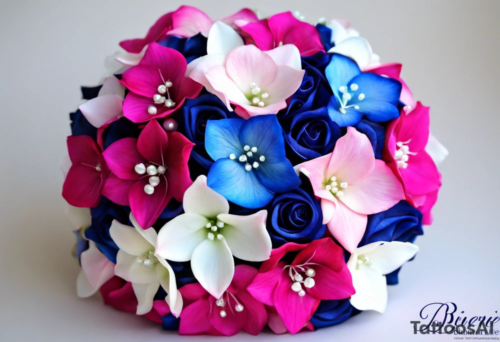 based on my wedding flowers for my wrist:Light pink hydrangea petals, white hydrangea petals, deep blue hydrangea petals, hot pink hydrangea petals, baby pink roses, hot pink roses, light pink stargazer lilies. With some purpley/bluey delphinium petals and tiny white and light pink flowers. With leaves weaving between them all and festoon and fairy lights around the outside, giving the flowers a glow. tattoo idea