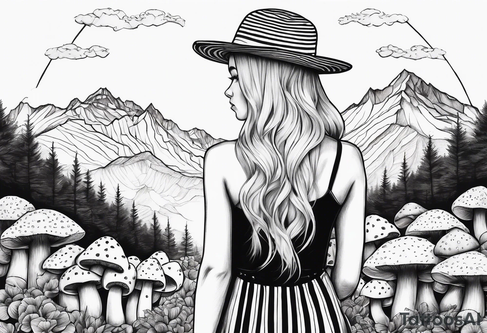 Straight blonde hair girl holding mushrooms in hand facing away toward mountains surrounded by mushrooms circular design black and white striped dress tattoo idea