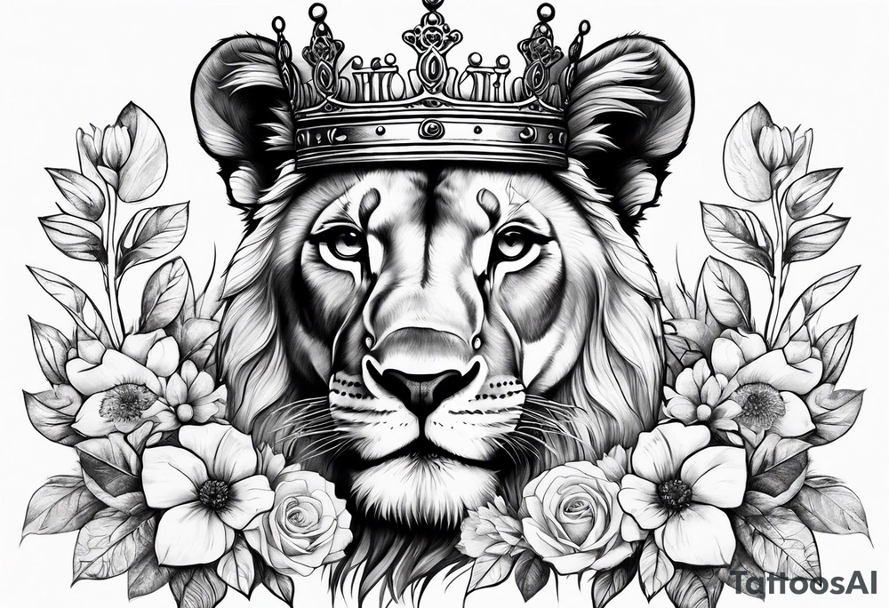 Lion Cub with crown and flowers tattoo idea