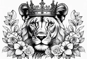 Lion Cub with crown and flowers tattoo idea