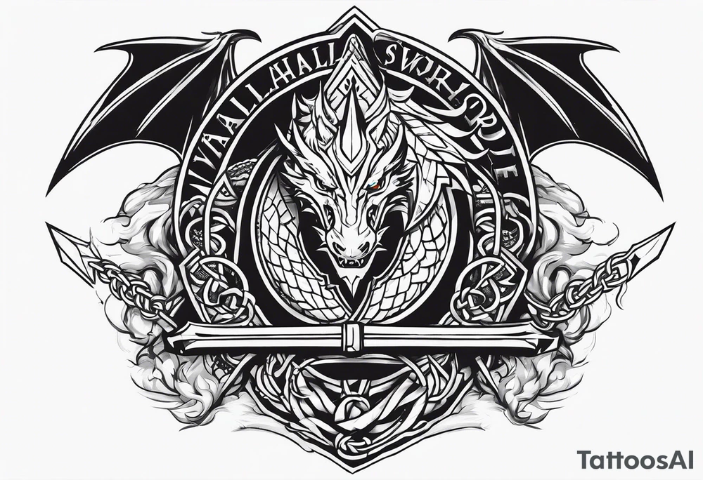 Valhalla sword shield dragon axe Valknut barbed wire chains fire tattoo idea