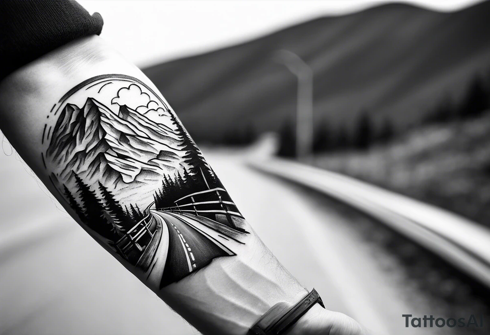 road into mountain on forearm with quote my road, my journey tattoo idea