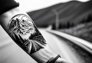 road into mountain on forearm with quote my road, my journey tattoo idea
